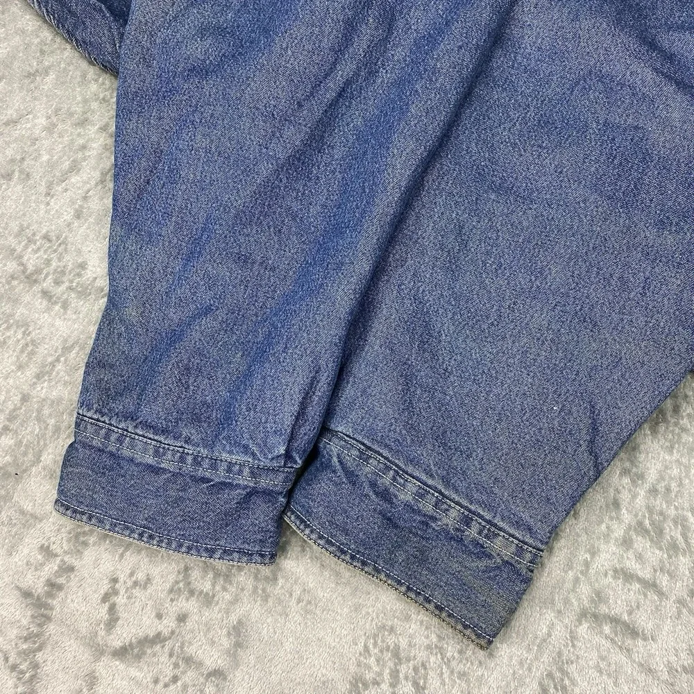 Vtg Stanley Denim Shirt Jacket Mens Sz XXL Blue Plaid Fleece Lined Work Thrashed